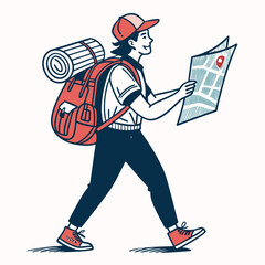 Create a bold, vector illustration of a traveler with a backpack, emphasizing strong lines and a minimalist style.  Include details like a hat and walking stick.
