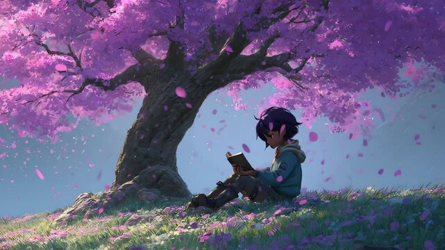 A person sits under a pinkblossomed tree reading a book in a grassy field