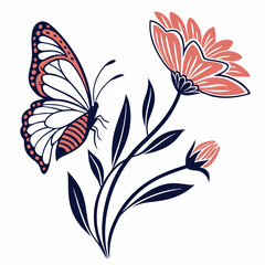 Butterfly and Flower Illustration with Coral and Navy Color Palette