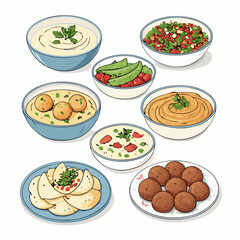 Create a bold vector illustration of diverse mezze dishes hummus, baba ghanoush, falafel, olives, pita bread.  Focus on thick, impactful outlines.