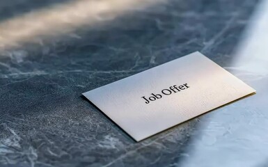 A business card reading "Job Offer" resting on a glass table, with soft natural light streaming through nearby blinds, minimalistic, 3D render, close-up - Powered by Adobe