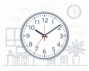 Create a bold, vector illustration of a classic wall clock with thick strokes, suitable for office décor.  Focus on clean lines and a minimalist style.