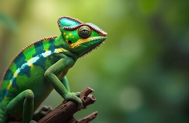 Close-up photo of colorful chameleon lizard perched on tree branch. Beautiful reptile, vibrant green scales, skin texture. Natural camouflage in tropical forest habitat, wildlife. Exotic animal