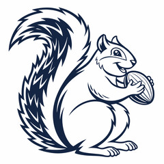 Monochrome Squirrel Holding Nut Illustration with Detailed Tail and Smiling Face