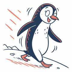 Naklejka premium Happy Cartoon Penguin Walking on Snowy Ground with Motion Lines