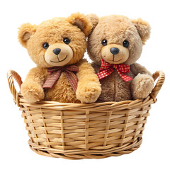 Two Plush Teddy Bears in a Wicker Basket A Perfect Gift isolated on transparent baackground