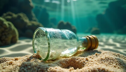 Message in a Bottle Rests on Ocean Floor with Sunlight Shining