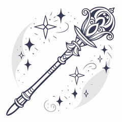Elegant Magic Staff with Stars and Swirls Fantasy Illustration in Monochromatic Style