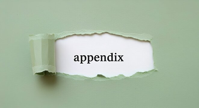Appendix text revealed through torn green paper background