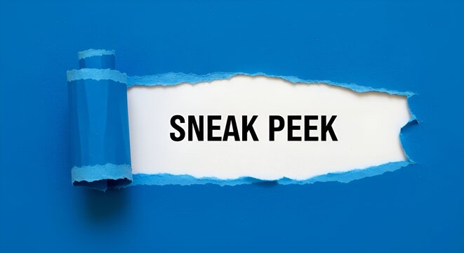 Torn blue paper reveals a sneak peek on a white background