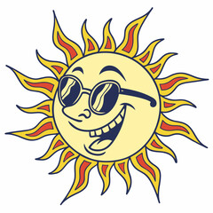 Cartoon Sun Character with Sunglasses Smiling and Radiating Heat