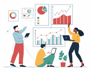 Create a bold, vector illustration of diverse coworkers collaborating in a modern office setting, emphasizing teamwork and synergy.