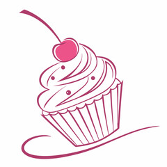 Elegant Cupcake Illustration with Cherry Topping and Decorative Swirl in Pink