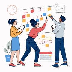 Create a bold vector illustration of diverse coworkers collaborating in a modern office, showcasing teamwork and productivity.