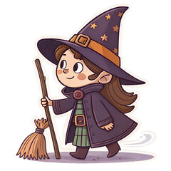 Adorable Cartoon Girl Witch with Wand PNG
