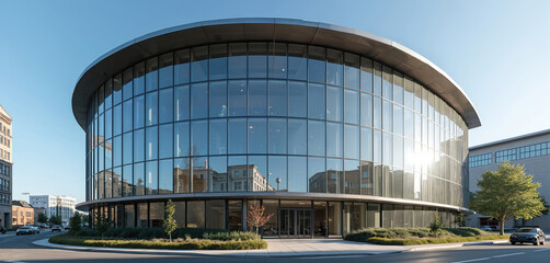 Modern office building with large circular glass roof. Contemporary architecture with glass facade. Reflects sunlight adds aesthetic appeal, provides natural light. Structure urban skyline, workspace.