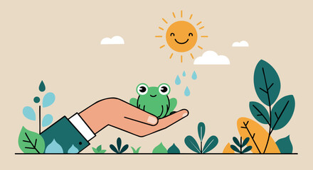 Obraz premium Hand Holding Cute Frog Under Smiling Sun with Raindrops and Plants Vector Illustration 