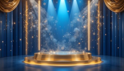 Empty Golden Podium on Blue Background with Light Neon Effects Bokeh Luxury Scene Design Vector Illustration