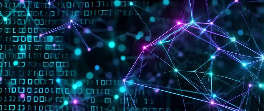 Anamorphic video Dynamic visualization of an artificial intelligence neural network, black background with floating binary codes and data layers, ultra modern digital look
