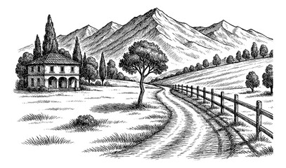 Fototapeta premium Landscape view of a house, mountain, tree, and road in detailed black and white engrave style art