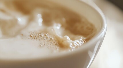 Espresso cream in a white porcelain cup, bokeh coffee shop background generative ai