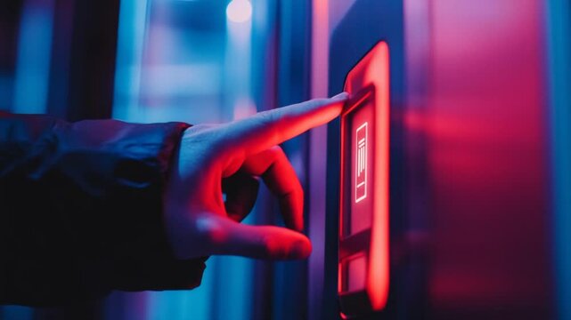 Finger presses illuminated button on modern elevator in neon light with motion