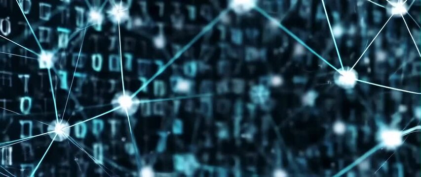 Anamorphic video Dynamic visualization of an artificial intelligence neural network, black background with floating binary codes and data layers, ultra modern digital look