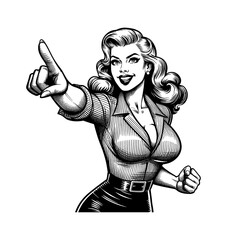 Smiling Businesswoman Pinup Pointing Upward in Black and White Vintage Engraving Style
