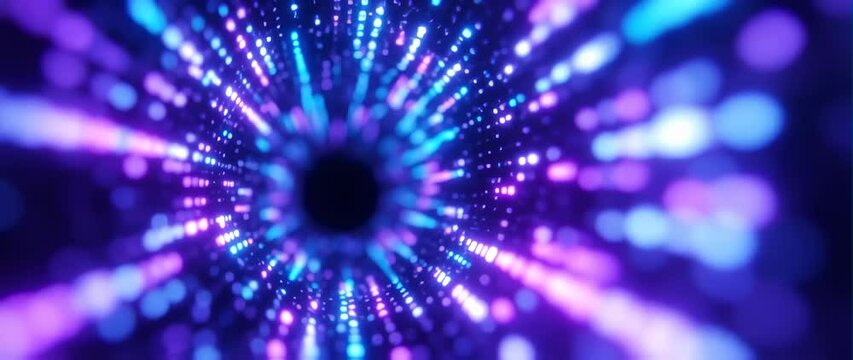 Anamorphic video Seamless loop of flowing abstract data particles moving through a digital tunnel, futuristic holographic HUD elements, cyberpunk aesthetic, tech background