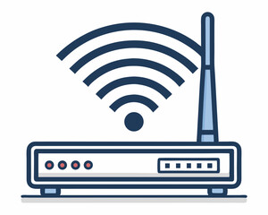 Design a bold, vector illustration of a modern office WiFi router, emphasizing its strong signal strength. Include clean lines and a striking color palette.