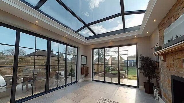 Modern open-plan conservatory with glass roof and French doors.  Spacious and bright