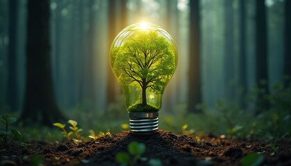Green tree grows inside light bulb in forest. Eco concept, renewable energy idea, sustainable future, ecology, environmental protection. Lightbulb stands ground. Beautiful sun shining, light inside