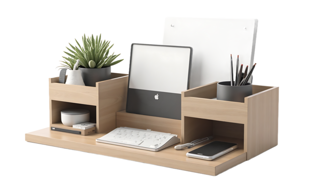Organized Desk with Tablet, Keyboard and Supplies on Wooden Shelf