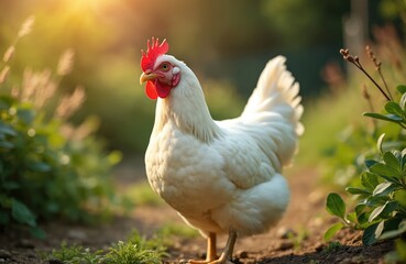Fototapeta premium White Rhode Island hen in garden. Rural natural animal lifestyle, organic farming, poultry, farm. Chicken with red comb beak. Backyard agriculture, domestic bird on background. Sunny morning