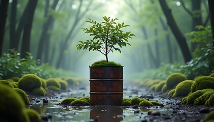 Growing Tree in Rusty Barrel on Wet Path Through Forest