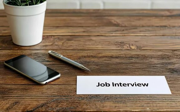 A business card reading "Job Interview" lying on a desk beside a smartphone and pen, a quiet office corner in the background, minimalistic, realistic, extreme close-up with empty s