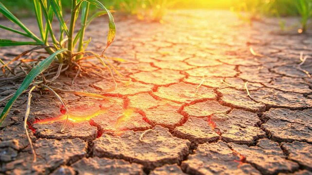 Dried, cracked earth under golden sunlight with green grass, illustrating drought effects on nature