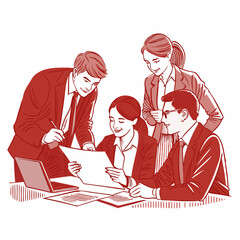 Create a bold vector illustration of a diverse team collaborating, reviewing documents, brainstorming.  Show confident teamwork.