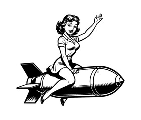 Attractive pinup girl in dress sitting on a bomb waving hand vector illustration