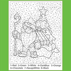 Vector Christmas color by number activity with cute kawaii Santa Claus with sack. Winter holiday scene. Black and white counting game with Saint Nicolaus, bag, presents. New Year coloring page for kid