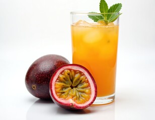 Glass passionfruit juice with ice, passion fruit half slice, green leaf on white. Healthy drinks concept, tasty tropical fruits. Fresh, organic beverage. Vitamin C source. Exotic summer drink.