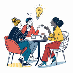 Create a bold vector illustration of three people sitting together, emphasizing strong outlines and solid colors.  Focus on a contemporary style.