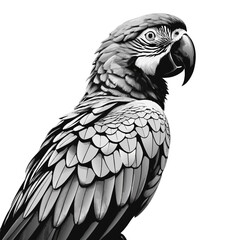 Detailed illustration of a macaw showing its feathers and beak in a side profile view of the animal