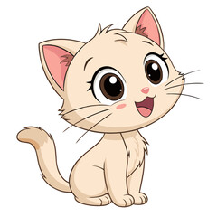 Cartoon illustration of a light colored kitten with big eyes and a happy expression sitting down nicely
