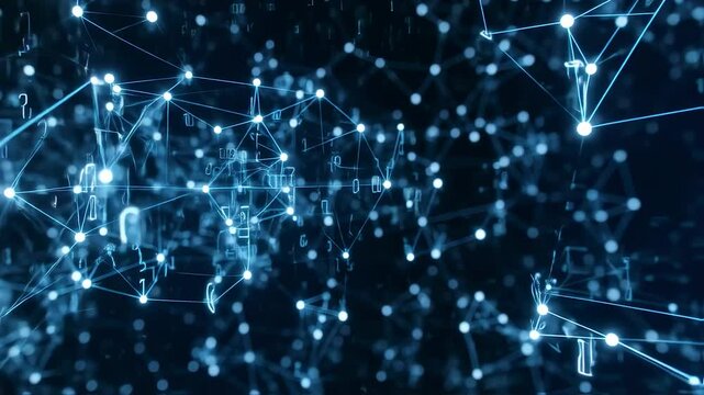 Dynamic visualization of an artificial intelligence neural network, black background with floating binary codes and data layers, ultra modern digital look