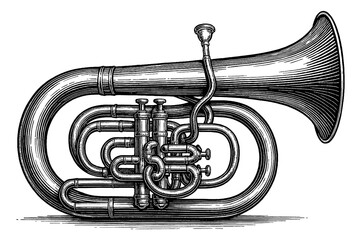 Naklejka premium Detailed Engraved Illustration of a Tuba Brass Instrument in Black and White