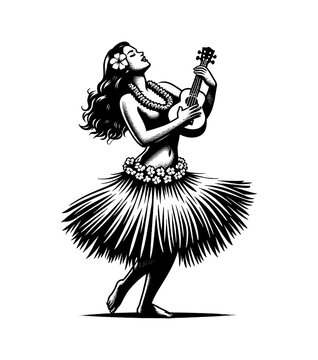 hula dancer playing ukulele black and white clip art preview