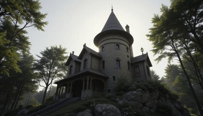 Fototapeta premium charming stone house with conical tower stands amidst lush greenery, exuding fairytale like ambiance. surrounding trees and soft lighting enhance its enchanting and serene atmosphere