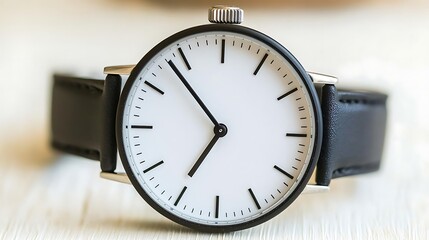 Elegant minimalistic wristwatch with black leather strap, showcasing timeless design