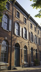 row of elegant brick townhouses with arched windows and classic shutters is bathed in warm sunlight, creating serene and inviting atmosphere